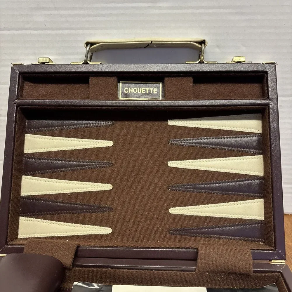 Vintage Chouette Travel Backgammon Set Attaché Case Complete Dice Cups Rules